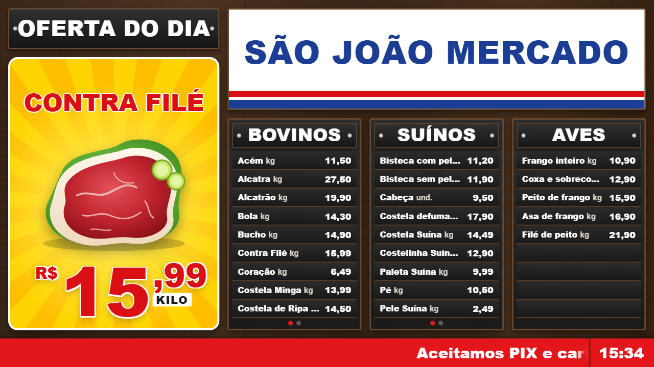 Tabela de preços exibida na TV