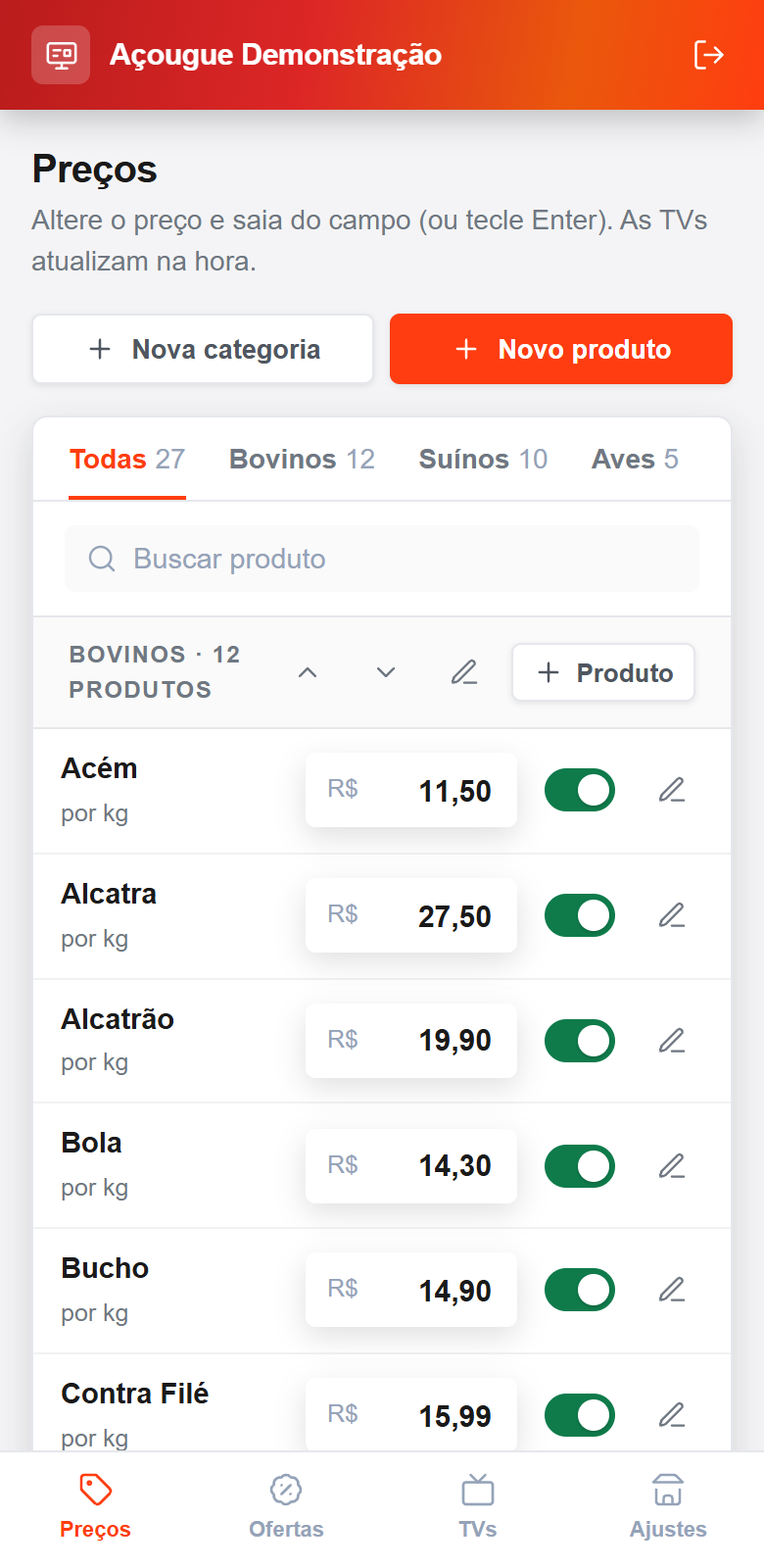 Painel de preços no celular