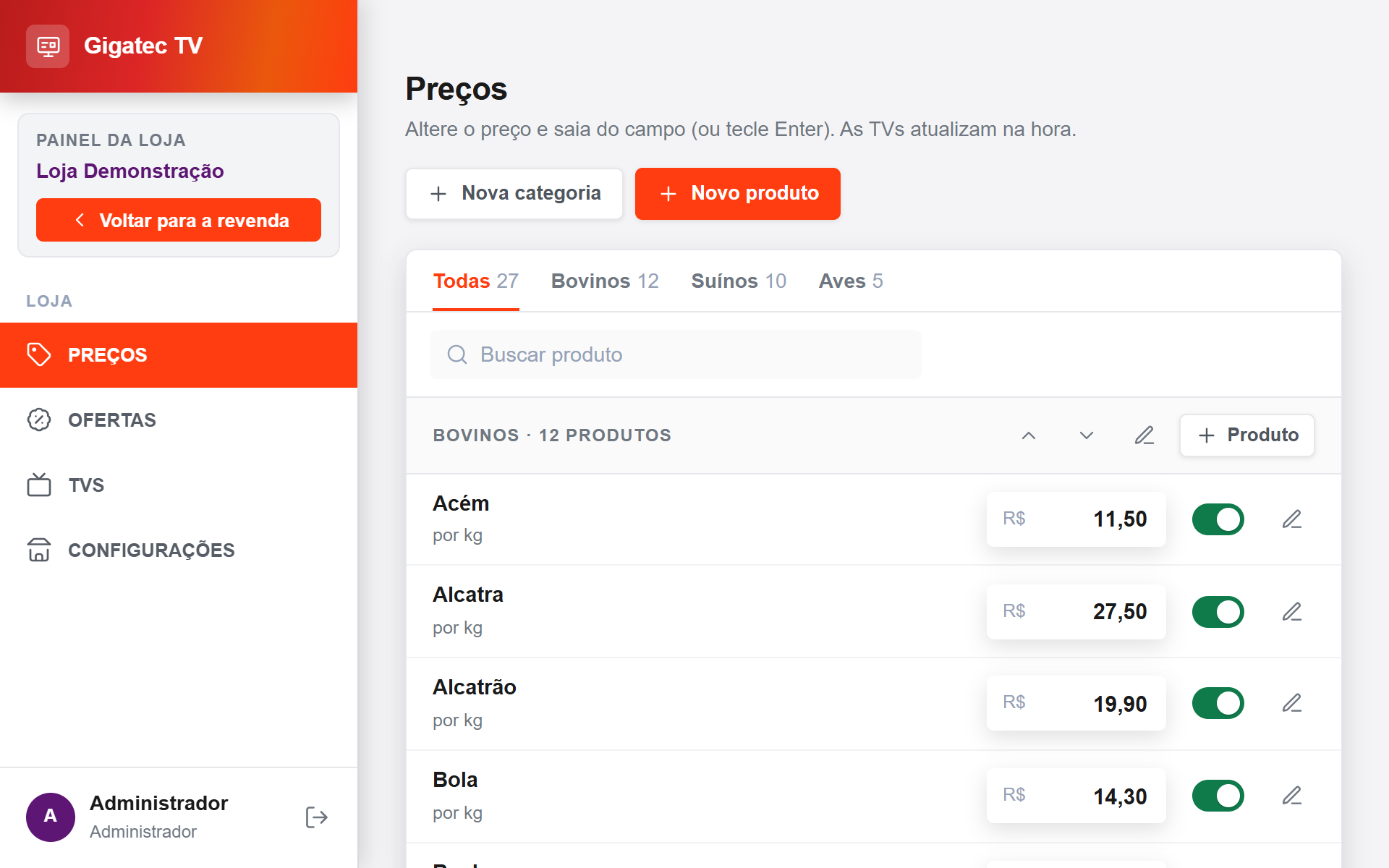 Painel de preços no computador